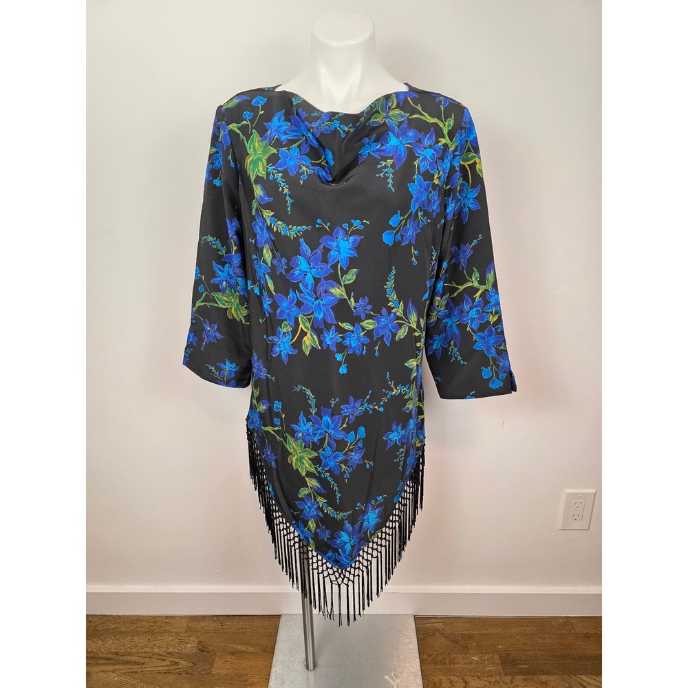Maggie Sweet Black Blue Floral Tassel Drape Neck 3/4 Sleeve Tunic Top Large